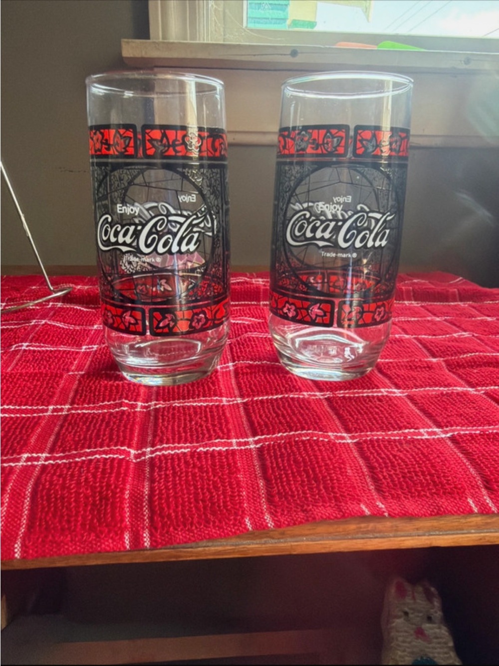 Coca Cola Clear Glasses with Red and Black Logo Accents - Pair